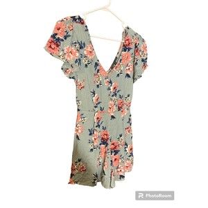 Three Pink Hearts Green Floral Open Back Summer Casual Romper Women's Small